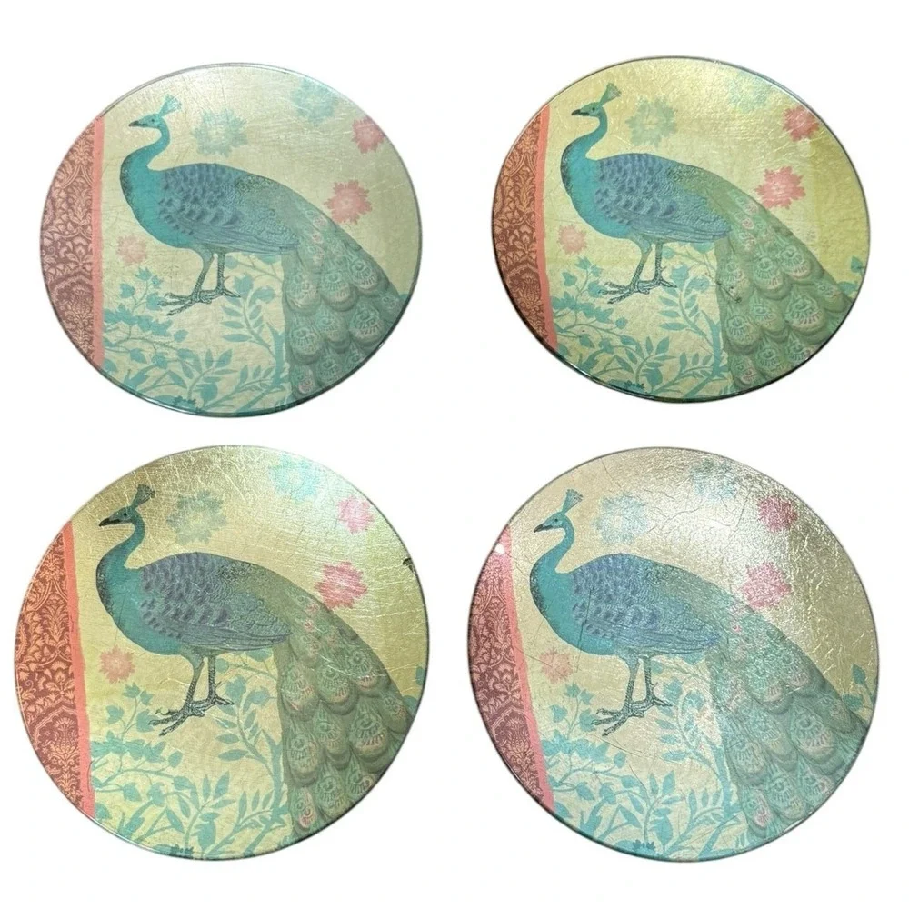 Pier 1 Peacock‎ Appetizer Plates Set 4 Glass Foil Boho Dessert 6 Inch